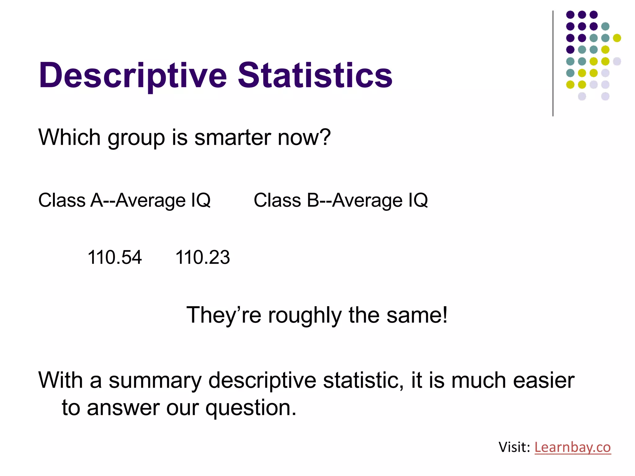 Descriptive Statistics
Which group is smarter now?
Class A--Average IQ
110.54 110.23
Class B--Average IQ
They’re roughly the same!
With a summary descriptive statistic, it is much easier
to answer our question.
Visit: Learnbay.co
 