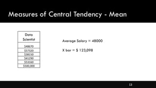 13
Measures of Central Tendency - Mean
Data
Scientist
$48670
$57320
$38150
$41290
$53160
$500,000
Average Salary = 48000
X bar = $ 123,098
 