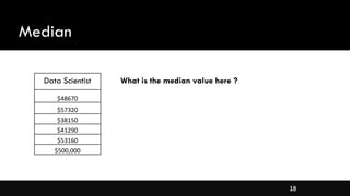 18
Median
What is the median value here ?
Data Scientist
$48670
$57320
$38150
$41290
$53160
$500,000
 