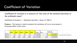 47
Coefficient of Variation
Coefficient of variation is a measure of “the ratio of the standard deviation to
the arithmetic mean”
Coefficient of Variation = ((Standard deviation / Mean ) X 100) %
Purpose : This measure is used to compare the consistency of two or more groups in
the groups differ in their mean
 