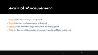 0 6
Levels of Measurement
✓ Nominal : the data can only be categorized
✓ Ordinal : the data can be categorized and ranked
✓ Interval : the data can be categorized, ranked, and evenly spaced
✓ Ratio: the data can be categorized, ranked, evenly spaced, and has a natural zero.
 