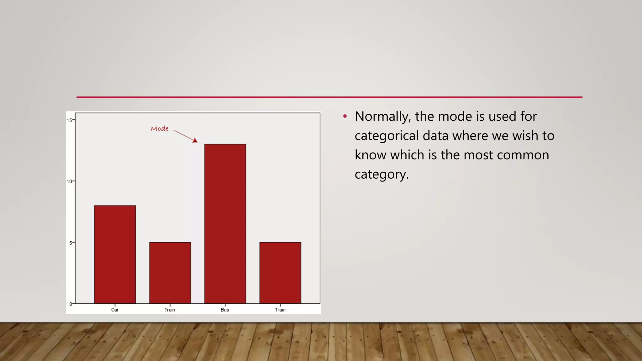 • Normally, the mode is used for
categorical data where we wish to
know which is the most common
category.
 