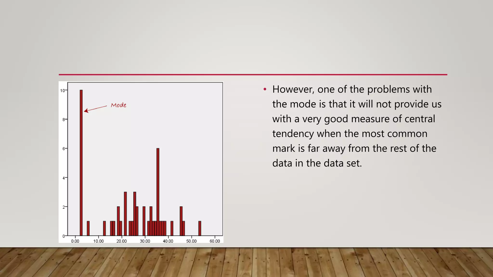 • However, one of the problems with
the mode is that it will not provide us
with a very good measure of central
tendency when the most common
mark is far away from the rest of the
data in the data set.
 