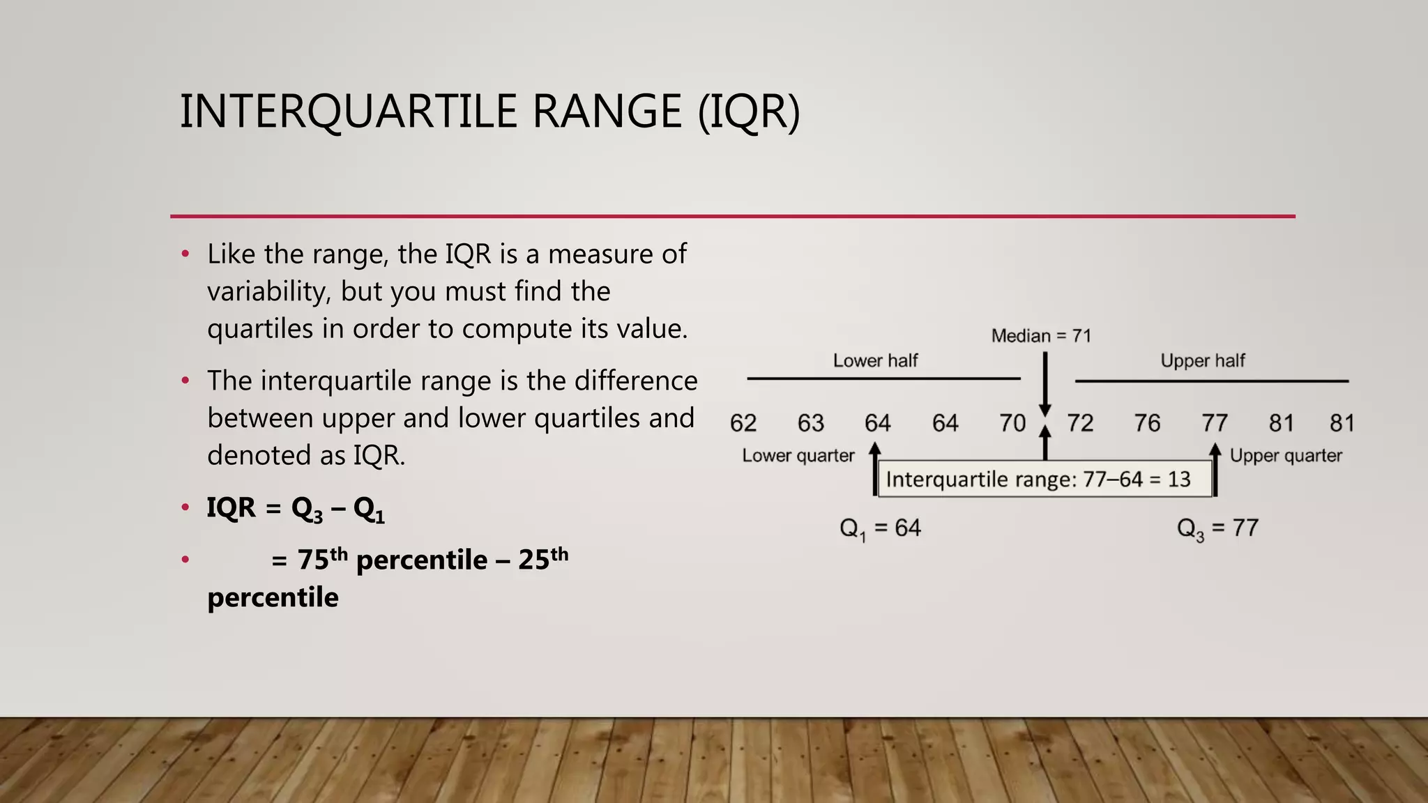 INTERQUARTILE RANGE (IQR)
• Like the range, the IQR is a measure of
variability, but you must find the
quartiles in order to compute its value.
• The interquartile range is the difference
between upper and lower quartiles and
denoted as IQR.
• IQR = Q3 – Q1
• = 75th percentile – 25th
percentile
 