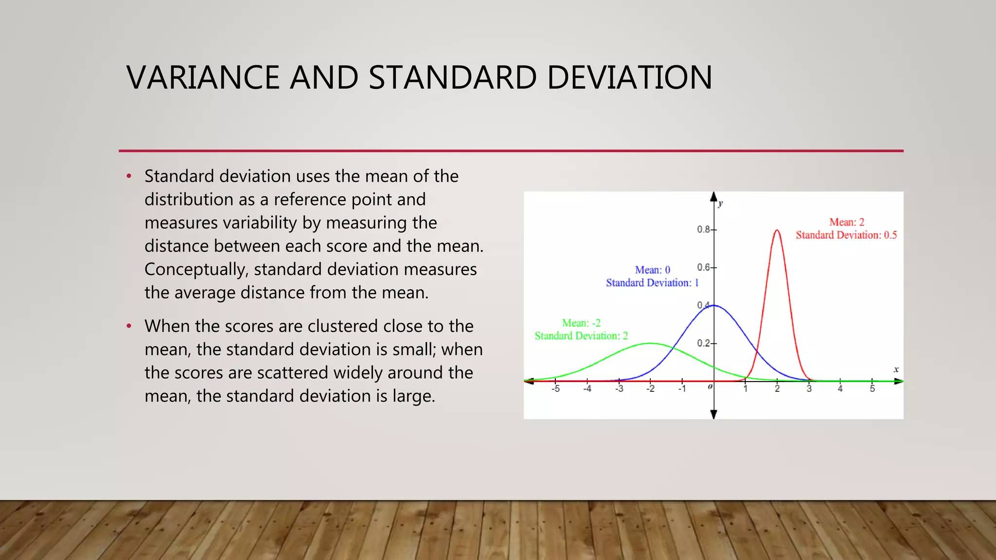 VARIANCE AND STANDARD DEVIATION
• Standard deviation uses the mean of the
distribution as a reference point and
measures variability by measuring the
distance between each score and the mean.
Conceptually, standard deviation measures
the average distance from the mean.
• When the scores are clustered close to the
mean, the standard deviation is small; when
the scores are scattered widely around the
mean, the standard deviation is large.
 