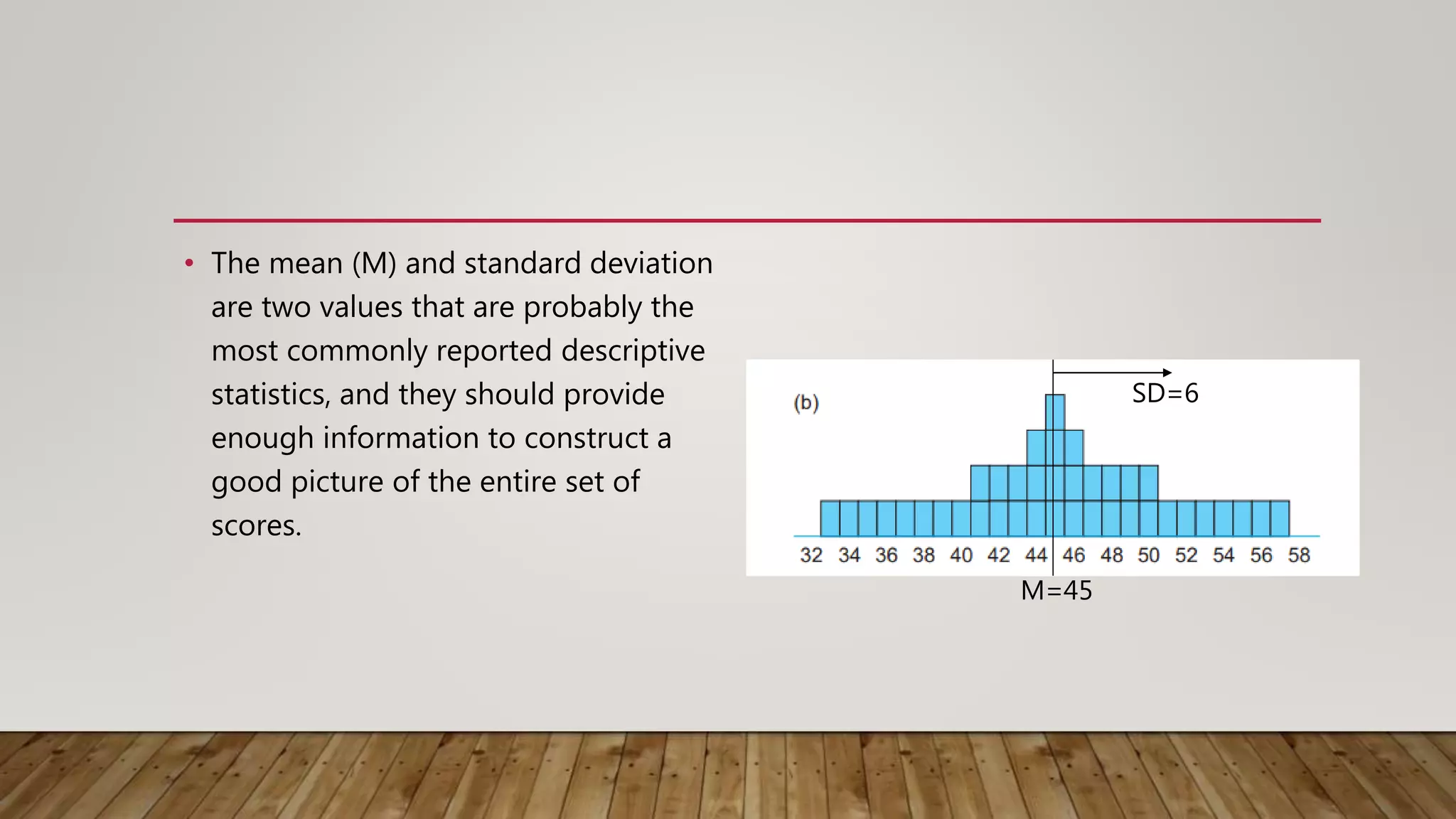 • The mean (M) and standard deviation
are two values that are probably the
most commonly reported descriptive
statistics, and they should provide
enough information to construct a
good picture of the entire set of
scores.
M=45
SD=6
 