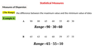 (
The Range
) the difference between the maximum value and the minimum value of data
30
40
55
60
65
80
90
A
𝑹𝒂𝒏𝒈𝒆=𝟔𝟓−𝟓𝟓=𝟏𝟎
55
57
59
60
61
63
65
B
𝑹𝒂𝒏𝒈𝒆=𝟗𝟎−𝟑𝟎=𝟔𝟎
Statistical Measures
Measures of Dispersion
Example 6:
 