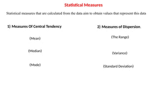 Statistical Measures
Statistical measures that are calculated from the data aim to obtain values that represent this data
1) Measures Of Central Tendency 2) Measures of Dispersion.
(
Mean
)
(
Median
)
(
Mode
)
(
The Range
)
(
Variance
)
(
Standard Deviation
)
 