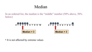 Median
In an ordered list, the median is the “middle” number (50% above, 50%
below)
• It is not affected by extreme values
0 1 2 3 4 5 6 7 8 9 10
Median = 3
0 1 2 3 4 5 6 7 8 9 10
Median = 3
 