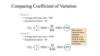 Comparing Coefficient of Variation
• Stock A:
• Average price last year = $50
• Standard deviation = $5
• Stock B:
• Average price last year = $100
• Standard deviation = $5
Both stocks
have the same
standard
deviation, but
stock B is less
variable relative
to its price
10%
100%
$50
$5
100%
x
s
CVA 












5%
100%
$100
$5
100%
x
s
CVB 












 
