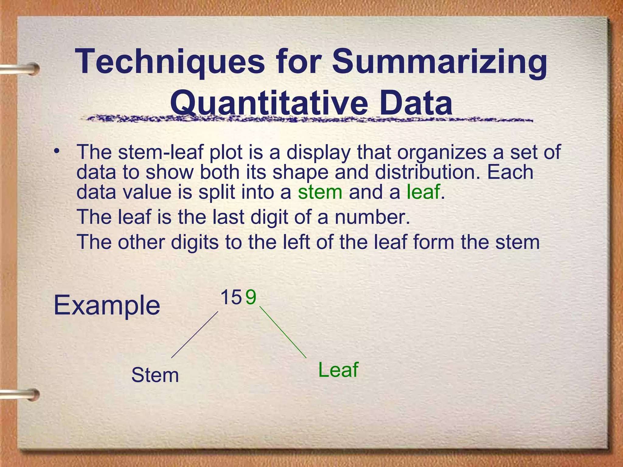 Techniques for Summarizing
Quantitative Data
• The stem-leaf plot is a display that organizes a set of
data to show both its shape and distribution. Each
data value is split into a stem and a leaf.
The leaf is the last digit of a number.
The other digits to the left of the leaf form the stem

Example
Stem

15 9
Leaf

 