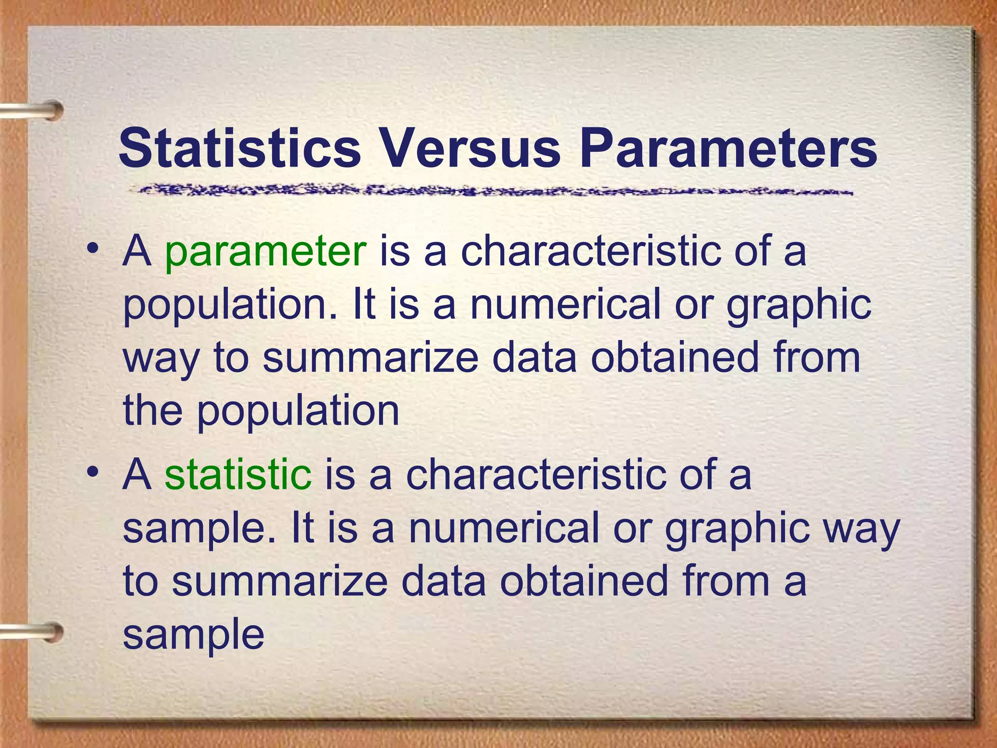 Statistics Versus Parameters
• A parameter is a characteristic of a
population. It is a numerical or graphic
way to summarize data obtained from
the population
• A statistic is a characteristic of a
sample. It is a numerical or graphic way
to summarize data obtained from a
sample

 