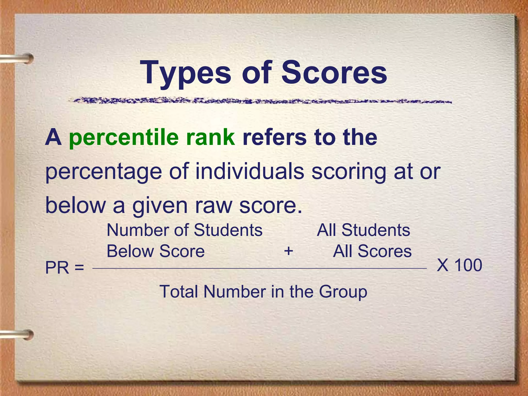 Types of Scores
A percentile rank refers to the
percentage of individuals scoring at or
below a given raw score.
PR =

Number of Students
Below Score

+

All Students
All Scores

Total Number in the Group

X 100

 