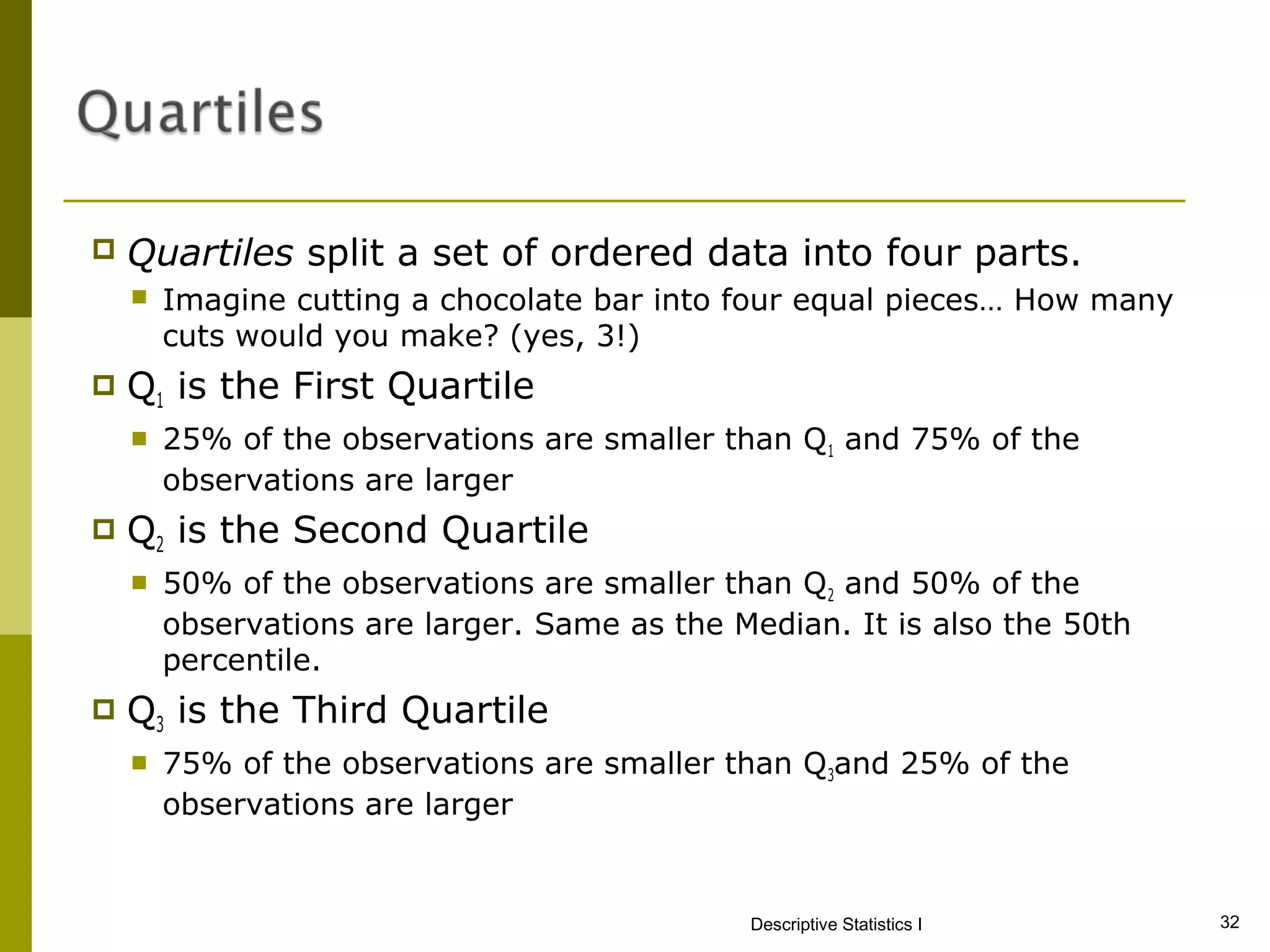   Quartiles split a set of ordered data into four parts.
       Imagine cutting a chocolate bar into four equal pieces… How many
        cuts would you make? (yes, 3!)
   Q1 is the First Quartile
       25% of the observations are smaller than Q1 and 75% of the
        observations are larger
   Q2 is the Second Quartile
       50% of the observations are smaller than Q2 and 50% of the
        observations are larger. Same as the Median. It is also the 50th
        percentile.
   Q3 is the Third Quartile
       75% of the observations are smaller than Q3and 25% of the
        observations are larger


                                              Descriptive Statistics I     32
 