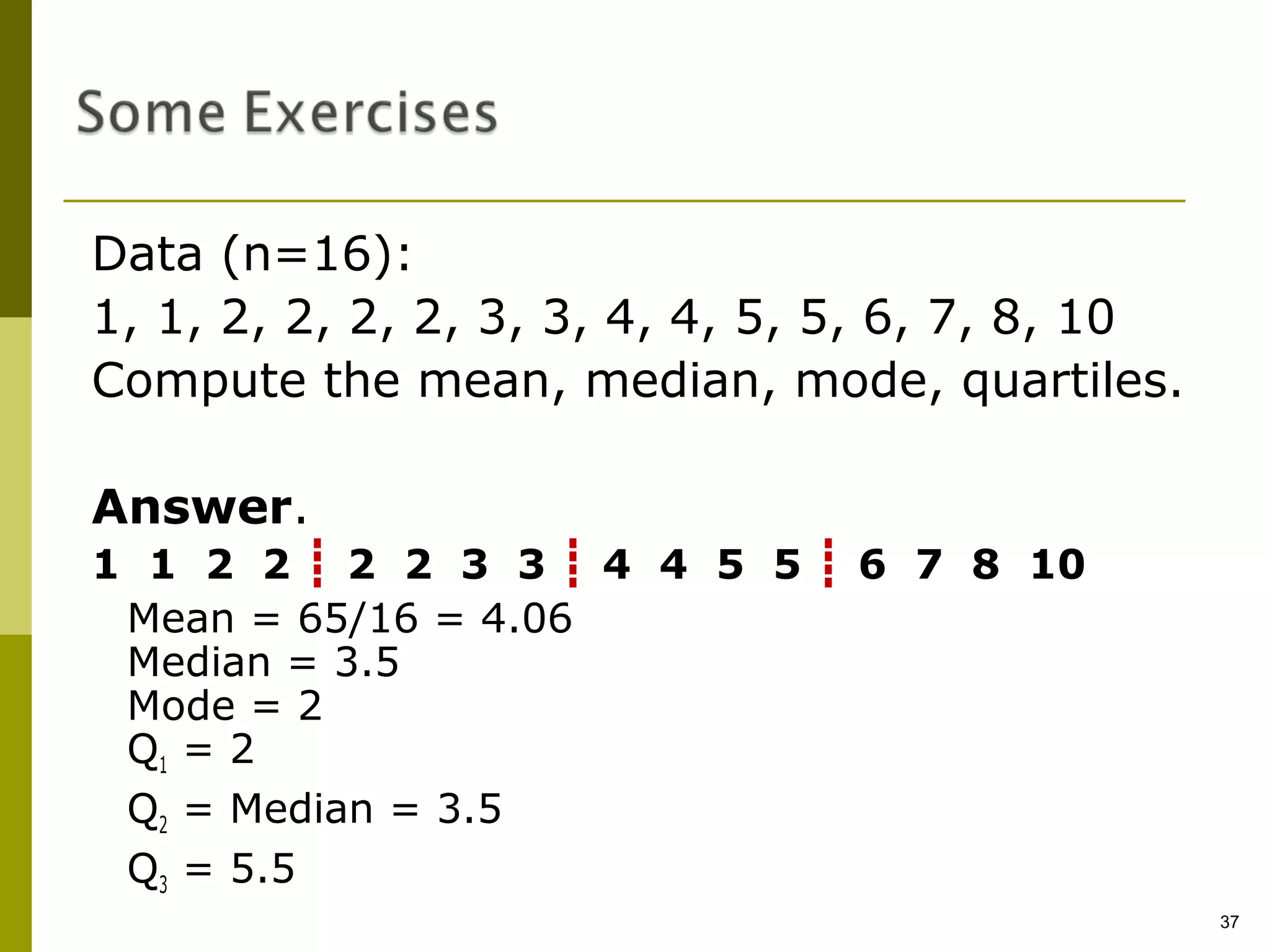 Data (n=16):
1, 1, 2, 2, 2, 2, 3, 3, 4, 4, 5, 5, 6, 7, 8, 10
Compute the mean, median, mode, quartiles.

Answer.
1 1 2 2 ┋ 2 2 3 3 ┋ 4 4 5 5 ┋ 6 7 8 10
 Mean = 65/16 = 4.06
 Median = 3.5
 Mode = 2
 Q1 = 2
 Q2 = Median = 3.5
 Q3 = 5.5
                                                  37
 
