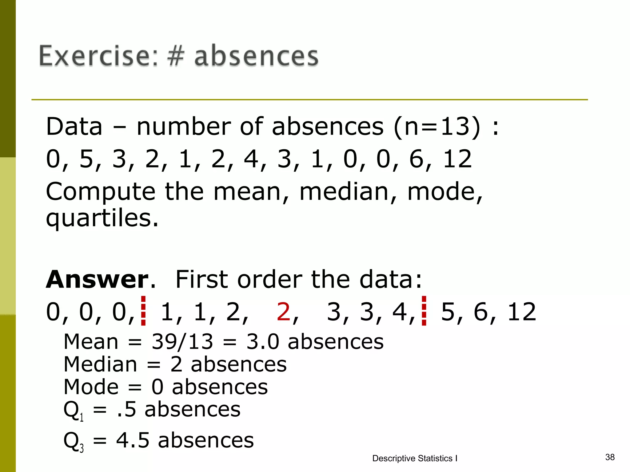 Data – number of absences (n=13) :
0, 5, 3, 2, 1, 2, 4, 3, 1, 0, 0, 6, 12
Compute the mean, median, mode,
quartiles.

Answer. First order the data:
0, 0, 0,┋ 1, 1, 2, 2, 3, 3, 4,┋ 5, 6, 12
 Mean = 39/13 = 3.0 absences
 Median = 2 absences
 Mode = 0 absences
 Q1 = .5 absences
 Q3 = 4.5 absences
                           Descriptive Statistics I   38
 
