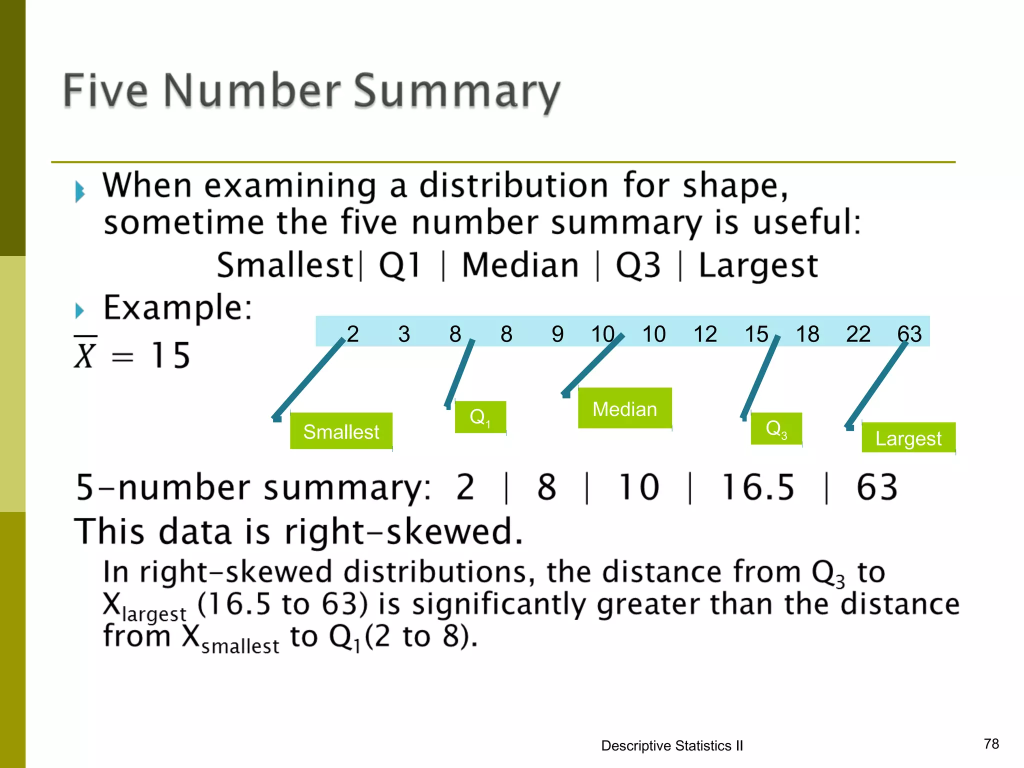 2      3   8        8   9   10     10       12          15    18   22     63


                   Q1           Median
Smallest                                                     Q3
                                                                            Largest




                                Descriptive Statistics II                             78
 