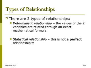 Types of Relationships
   There are 2 types of relationships:
         Deterministic relationship – the values of the 2
          variables are related through an exact
          mathematical formula.

         Statistical relationship – this is not a perfect
          relationship!!!




March 28, 2013                                               103
 