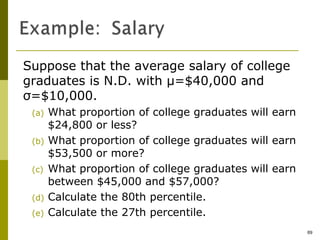 Suppose that the average salary of college
graduates is N.D. with μ=$40,000 and
σ=$10,000.
 (a)   What proportion of college graduates will earn
       $24,800 or less?
 (b)   What proportion of college graduates will earn
       $53,500 or more?
 (c)   What proportion of college graduates will earn
       between $45,000 and $57,000?
 (d)   Calculate the 80th percentile.
 (e)   Calculate the 27th percentile.
                                                        69
 