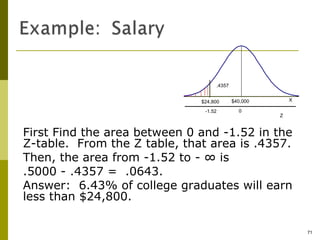.4357


                              $24,800      $40,000       X

                               -1.52         0
                                                     Z


First Find the area between 0 and -1.52 in the
Z-table. From the Z table, that area is .4357.
Then, the area from -1.52 to - ∞ is
.5000 - .4357 = .0643.
Answer: 6.43% of college graduates will earn
less than $24,800.

                                                             71
 