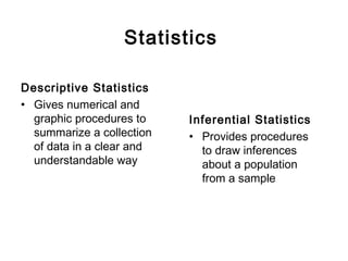 Statistics
Descriptive Statistics
• Gives numerical and
graphic procedures to
summarize a collection
of data in a clear and
understandable way
Inferential Statistics
• Provides procedures
to draw inferences
about a population
from a sample
 