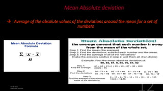 Mean Absolute deviation
 Average of the absolute values of the deviations around the mean for a set of
numbers
 
