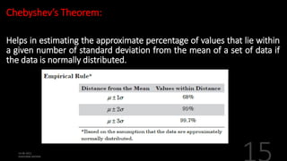 Chebyshev’s Theorem:
Helps in estimating the approximate percentage of values that lie within
a given number of standard deviation from the mean of a set of data if
the data is normally distributed.
 