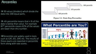 Percentiles
 99 values (dividers) which divide the
data into 100 equal parts.
 nth percentile means that n % of the
data is below than value. For example
87th percentile means 87% of the values
are lower than this number.
Percentiles are widely used in tests
such as CAT, JEE, GRE etc. The results of
these exams are reported in percentile
form along with raw scores.
 