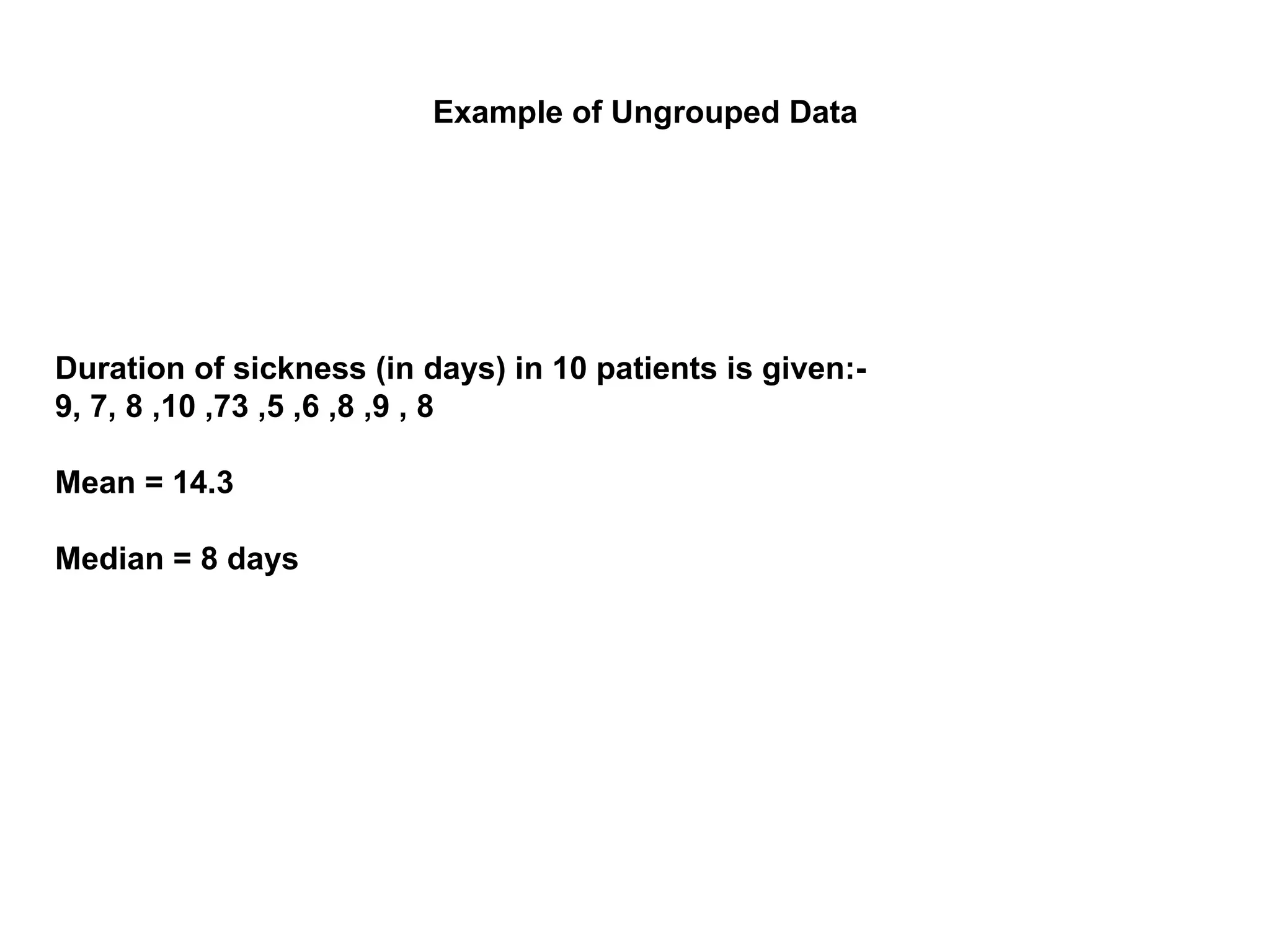 Duration of sickness (in days) in 10 patients is given:-
9, 7, 8 ,10 ,73 ,5 ,6 ,8 ,9 , 8
Mean = 14.3
Median = 8 days
Example of Ungrouped Data
 
