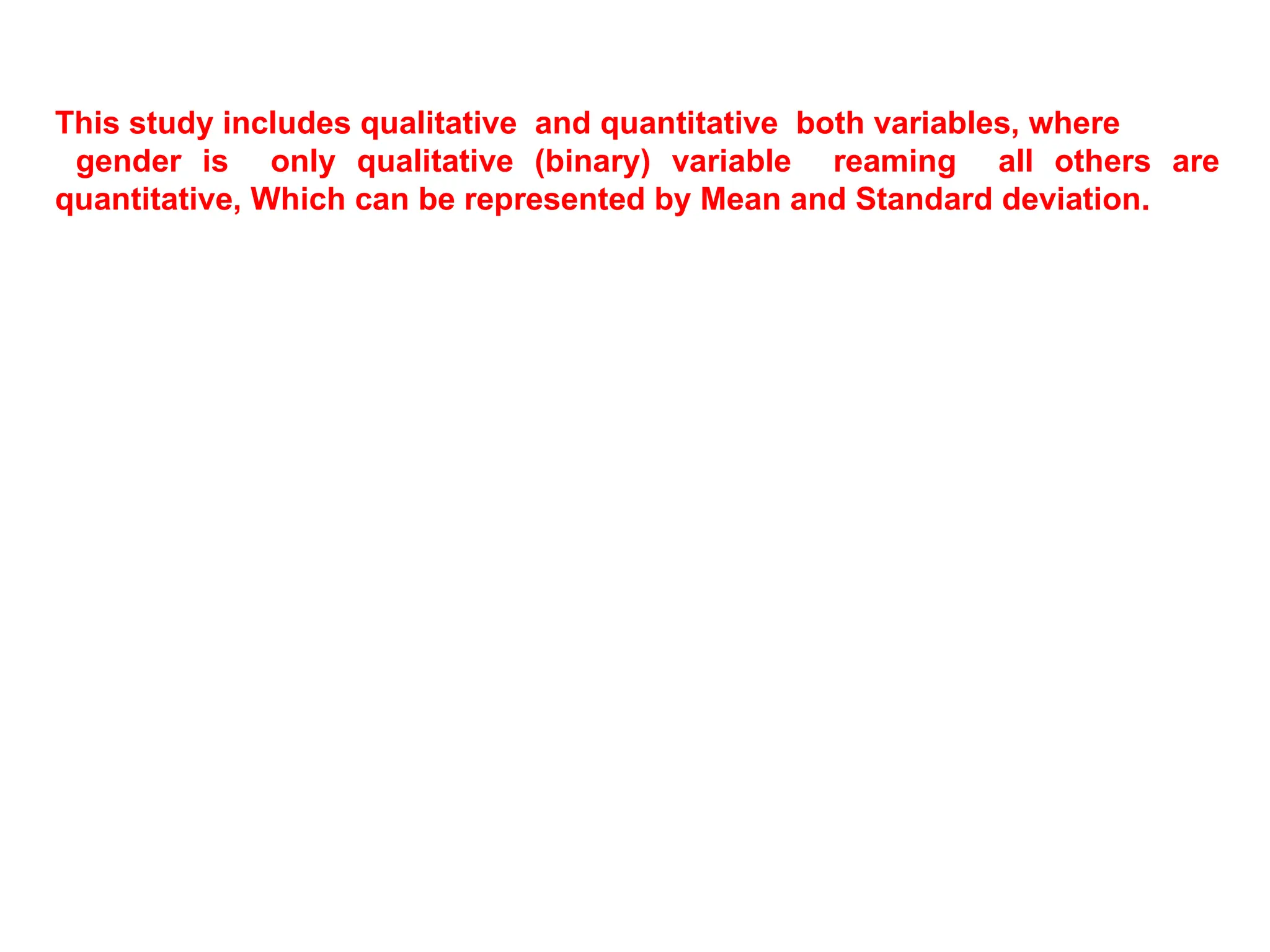 This study includes qualitative and quantitative both variables, where
gender is only qualitative (binary) variable reaming all others are
quantitative, Which can be represented by Mean and Standard deviation.
 