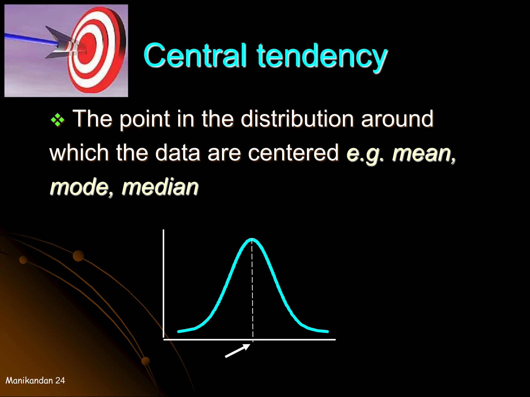 Manikandan 24
Central tendency
 The point in the distribution around
which the data are centered e.g. mean,
mode, median
 