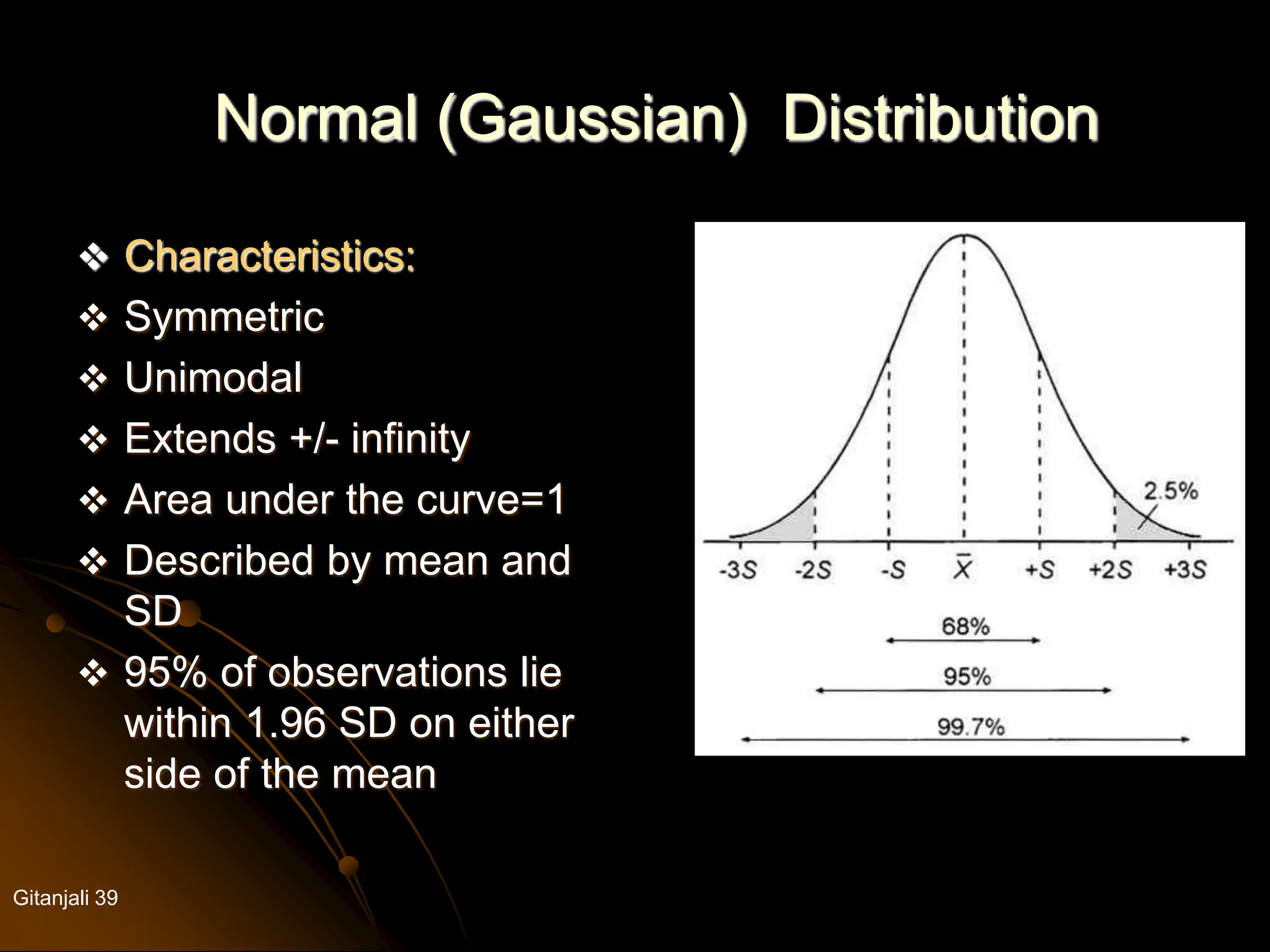 Gitanjali 39
Normal (Gaussian) Distribution
 Characteristics:
 Symmetric
 Unimodal
 Extends +/- infinity
 Area under the curve=1
 Described by mean and
SD
 95% of observations lie
within 1.96 SD on either
side of the mean
 
