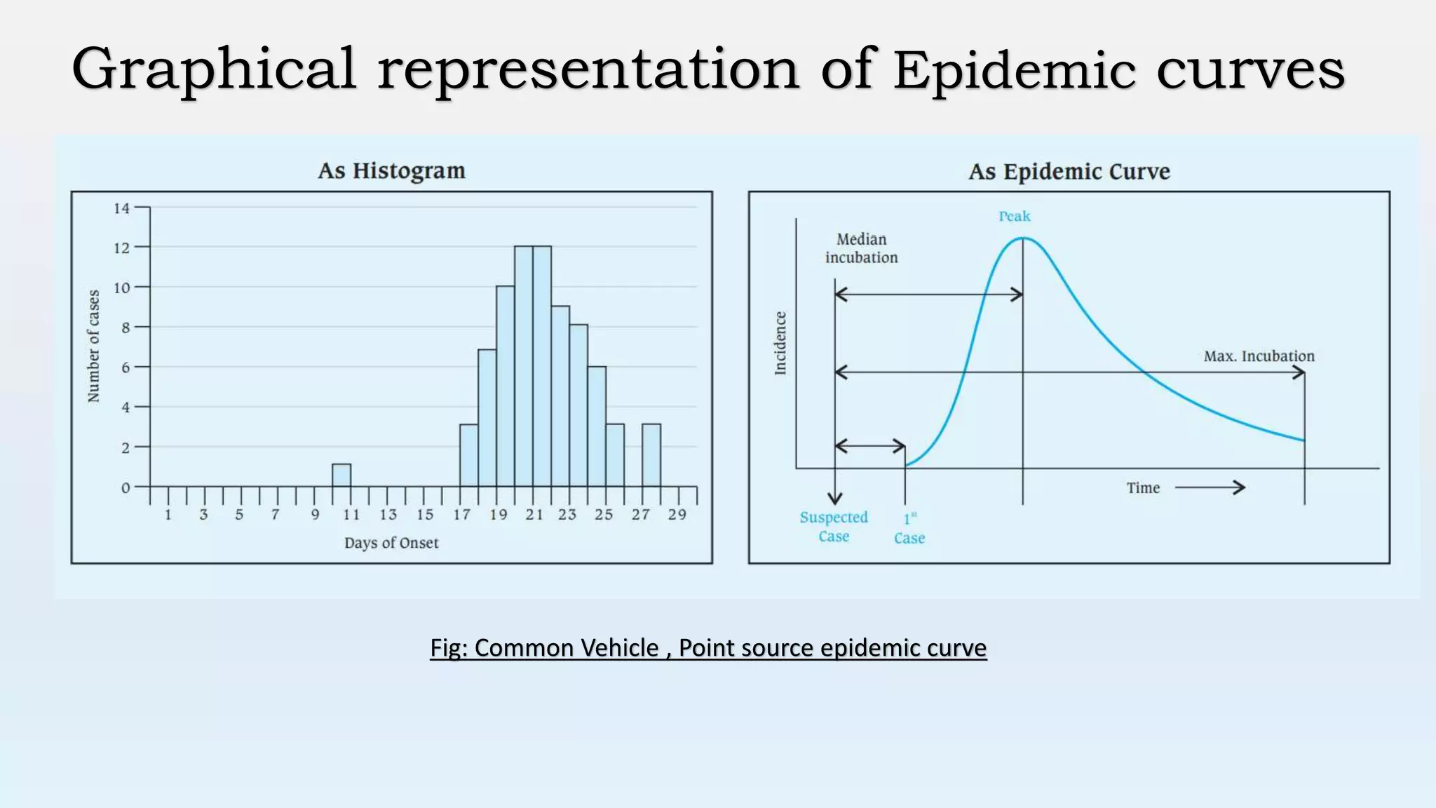 Graphical representation of Epidemic curves
Fig: Common Vehicle , Point source epidemic curve
 