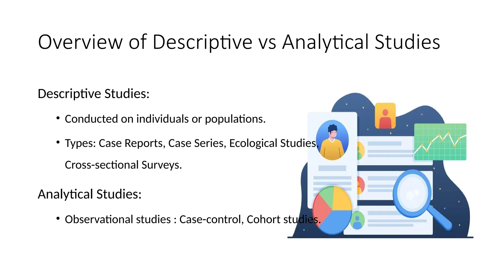 Overview of Descriptive vs Analytical Studies
Descriptive Studies:
• Conducted on individuals or populations.
• Types: Case Reports, Case Series, Ecological Studies,
Cross-sectional Surveys.
Analytical Studies:
• Observational studies : Case-control, Cohort studies.
 
