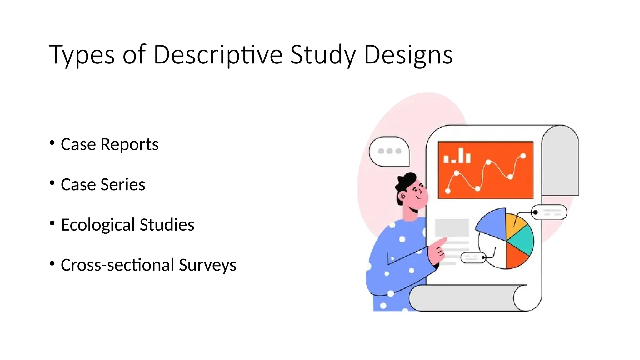Types of Descriptive Study Designs
• Case Reports
• Case Series
• Ecological Studies
• Cross-sectional Surveys
 
