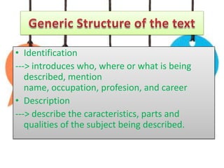 • Identification
---> introduces who, where or what is being
described, mention
name, occupation, profesion, and career
• Description
---> describe the caracteristics, parts and
qualities of the subject being described.

 