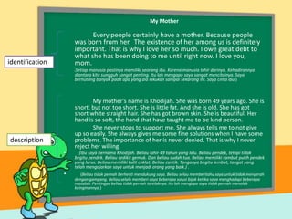 My Mother

Every people certainly have a mother. Because people
was born from her. The existence of her among us is definitely
important. That is why I love her so much. I owe great debt to
what she has been doing to me until right now. I love you,
mom.

identification

Setiap manusia pastinya memiliki seorang ibu. Karena manusia lahir darinya. Kehadirannya
diantara kita sungguh sangat penting. Itu lah mengapa saya sangat mencitainya. Saya
berhutang banyak pada apa yang dia lakukan sampai sekarang ini. Saya cinta ibu.)
(

My mother's name is Khodijah. She was born 49 years ago. She is
short, but not too short. She is little fat. And she is old. She has got
short white straight hair. She has got brown skin. She is beautiful. Her
hand is so soft, the hand that have taught me to be kind person.
She never stops to support me. She always tells me to not give
up so easily. She always gives me some fine solutions when I have some
problems. The importance of her is never denied. That is why I never
reject her willing

description
•

•

(Ibu saya bernama Khodijah. Beliau lahir 49 tahun yang lalu. Beliau pendek, tetapi tidak
begitu pendek. Beliau sedikit gemuk. Dan beliau sudah tua. Beliau memiliki rambut putih pendek
yang lurus. Beliau memiliki kulit coklat. Beliau cantik. Tanganya begitu lembut, tangat yang
telah mengajarkan saya untuk menjadi orang yang baik.) .
(Beliau tidak pernah berhenti mendukung saya. Beliau selau memberitahu saya untuk tidak menyerah
dengan gampang. Beliau selalu memberi saya beberapa solusi bijak ketika saya menghadapi beberapa
masalah. Pentingya beliau tidak pernah terelaknya. Itu lah mengapa saya tidak pernah menolak
keinginannya.)

 