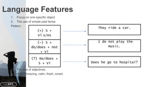 Language Features
1. Focus on one specific object
2. The use of simple past tense
Pattern:
3. The use of adjectives
Example : Amazing, calm, fresh, smart.
(+) S +
V1 s/es 
(-) S +
do/does + not
+ V1
(?) Do/does +
S + V1
They ride a car.
I do not play the
music.
Does he go to hospital?
 