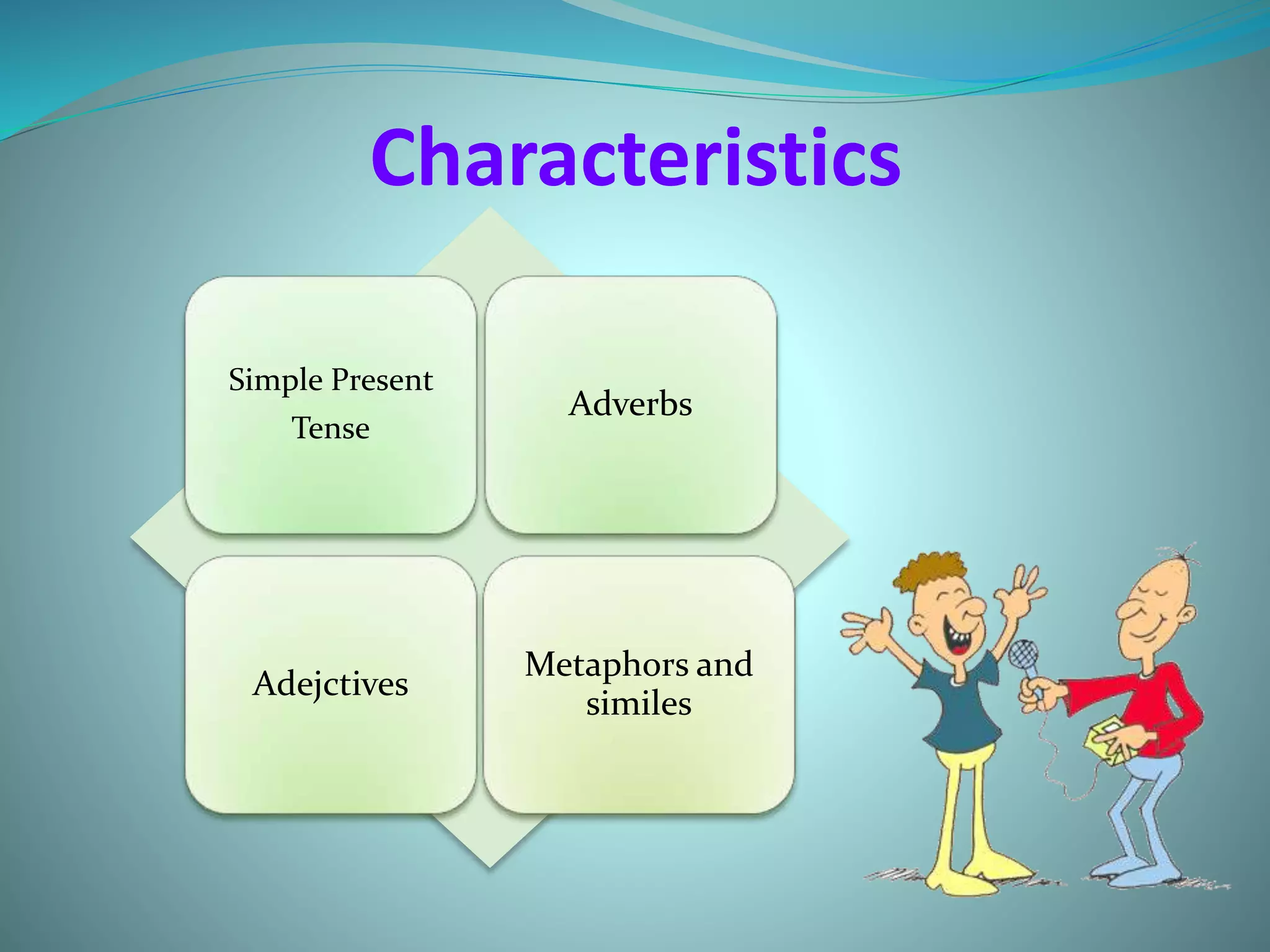 Characteristics
Simple Present
Tense
Adverbs
Adejctives
Metaphors and
similes
 