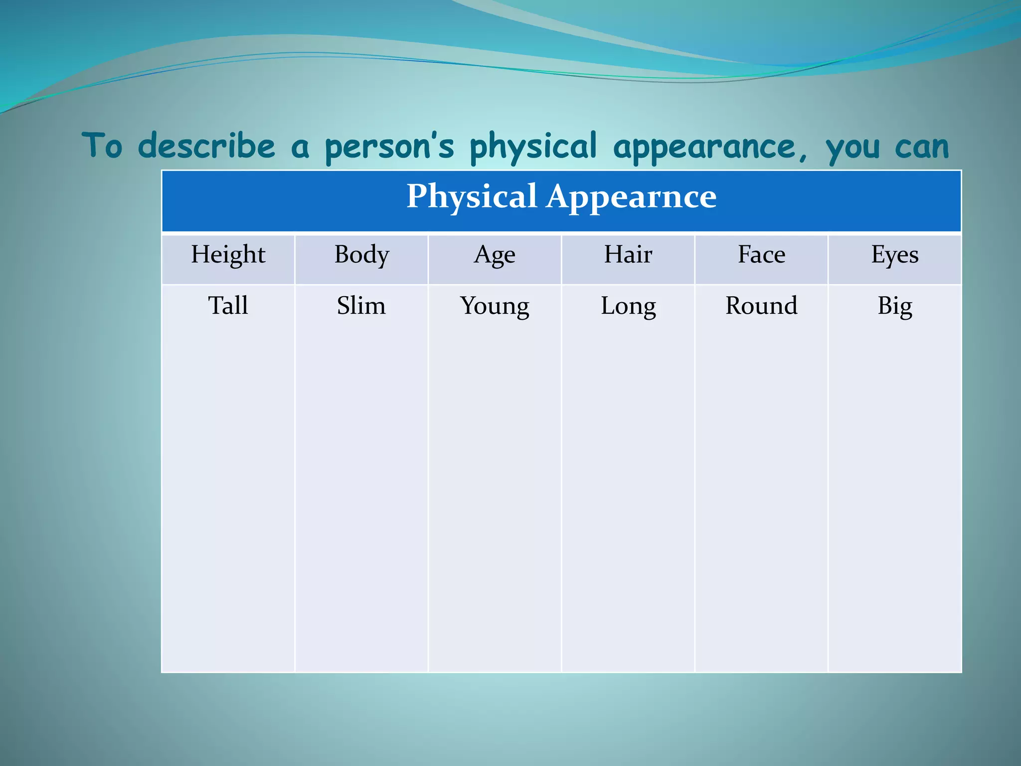 To describe a person’s physical appearance, you can
use the following wordsPhysical Appearnce
Height Body Age Hair Face Eyes
Tall Slim Young Long Round Big
 