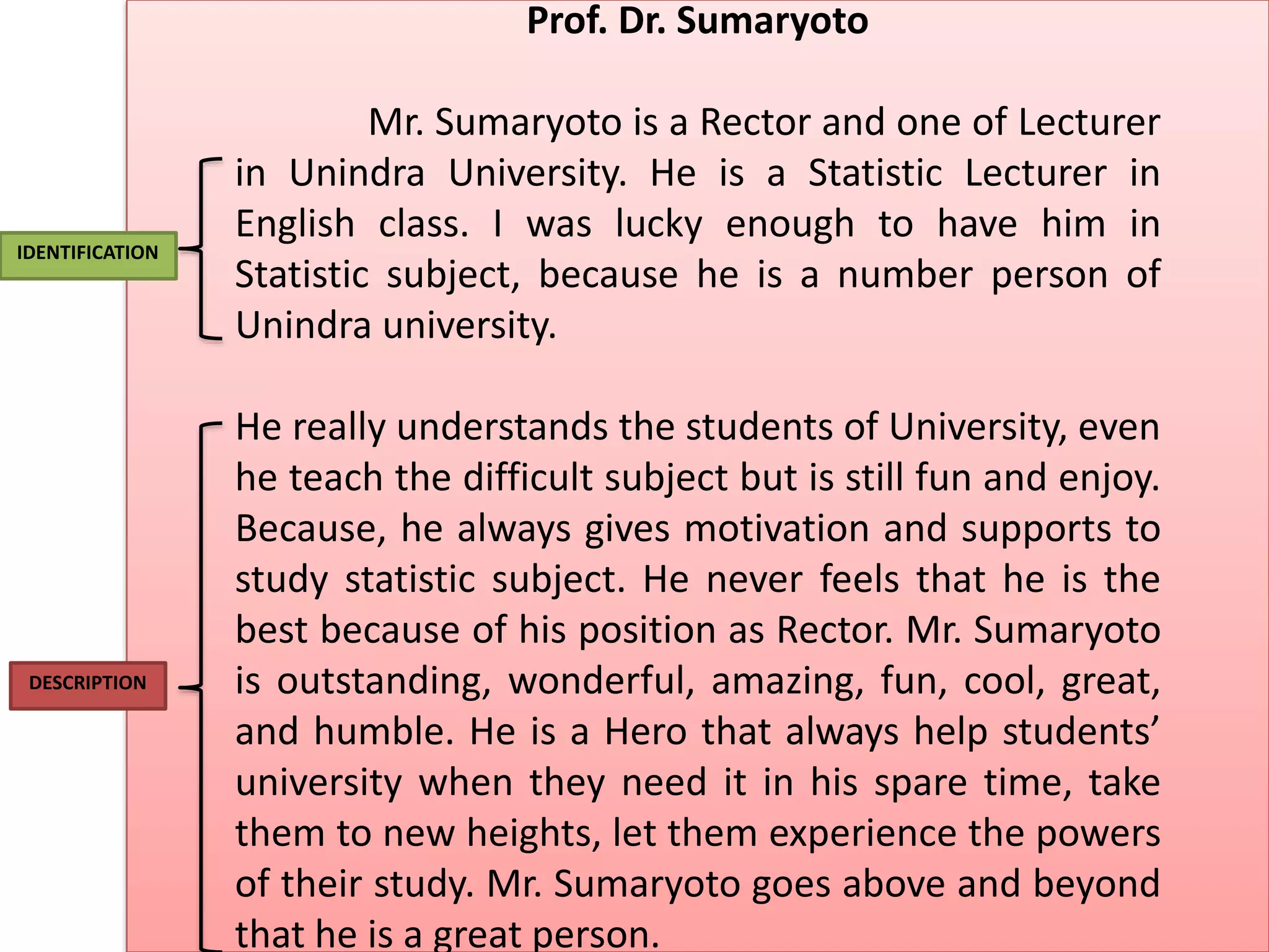 Prof. Dr. Sumaryoto
Mr. Sumaryoto is a Rector and one of Lecturer
in Unindra University. He is a Statistic Lecturer in
English class. I was lucky enough to have him in
Statistic subject, because he is a number person of
Unindra university.
He really understands the students of University, even
he teach the difficult subject but is still fun and enjoy.
Because, he always gives motivation and supports to
study statistic subject. He never feels that he is the
best because of his position as Rector. Mr. Sumaryoto
is outstanding, wonderful, amazing, fun, cool, great,
and humble. He is a Hero that always help students’
university when they need it in his spare time, take
them to new heights, let them experience the powers
of their study. Mr. Sumaryoto goes above and beyond
that he is a great person.
IDENTIFICATION
DESCRIPTION
 