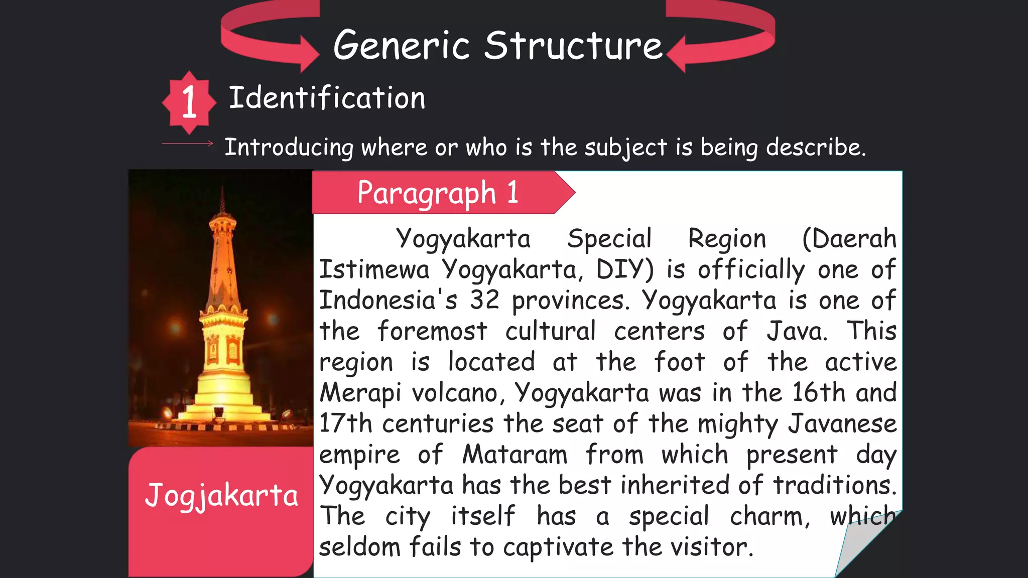 Yogyakarta Special Region (Daerah
Istimewa Yogyakarta, DIY) is officially one of
Indonesia's 32 provinces. Yogyakarta is one of
the foremost cultural centers of Java. This
region is located at the foot of the active
Merapi volcano, Yogyakarta was in the 16th and
17th centuries the seat of the mighty Javanese
empire of Mataram from which present day
Yogyakarta has the best inherited of traditions.
The city itself has a special charm, which
seldom fails to captivate the visitor.
Jogjakarta
Generic Structure
Introducing where or who is the subject is being describe.
1 Identification
Paragraph 1
 
