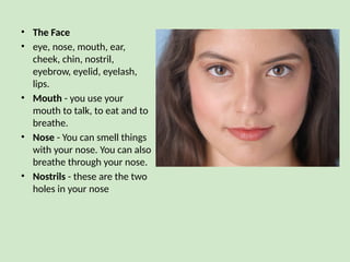 • The Face
• eye, nose, mouth, ear,
cheek, chin, nostril,
eyebrow, eyelid, eyelash,
lips.
• Mouth - you use your
mouth to talk, to eat and to
breathe.
• Nose - You can smell things
with your nose. You can also
breathe through your nose.
• Nostrils - these are the two
holes in your nose
 