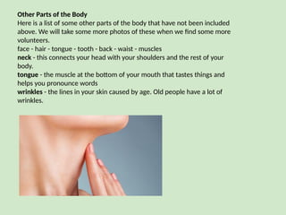 Other Parts of the Body
Here is a list of some other parts of the body that have not been included
above. We will take some more photos of these when we find some more
volunteers.
face - hair - tongue - tooth - back - waist - muscles
neck - this connects your head with your shoulders and the rest of your
body.
tongue - the muscle at the bottom of your mouth that tastes things and
helps you pronounce words
wrinkles - the lines in your skin caused by age. Old people have a lot of
wrinkles.
 