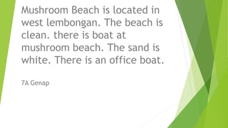 Mushroom Beach is located in
west lembongan. The beach is
clean. there is boat at
mushroom beach. The sand is
white. There is an office boat.
7A Genap
 