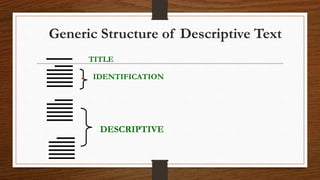 Generic Structure of Descriptive Text
IDENTIFICATION
•
DESCRIPTIVE
TITLE
 