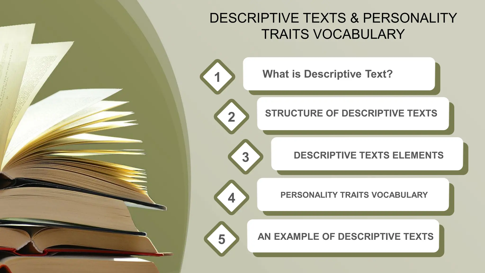 DESCRIPTIVE TEXTS & PERSONALITY
TRAITS VOCABULARY
What is Descriptive Text?
1
STRUCTURE OF DESCRIPTIVE TEXTS
2
DESCRIPTIVE TEXTS ELEMENTS
3
AN EXAMPLE OF DESCRIPTIVE TEXTS
5
4 PERSONALITY TRAITS VOCABULARY
 