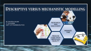 REDUCE
COST WITH
IMPROVED
QUALITY
MINIMIZE
TIME
RESEARCH
AND
DISCOVERY
DESCRIPTIVE VERSUS MECHANISTIC MODELLING
BY SAYEDA SALMA
1ST M PHARM
DEPT OF PHARMACEUTICS
1