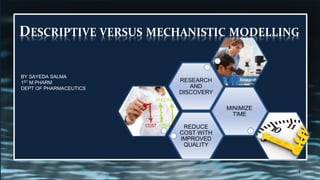 REDUCE
COST WITH
IMPROVED
QUALITY
MINIMIZE
TIME
RESEARCH
AND
DISCOVERY
DESCRIPTIVE VERSUS MECHANISTIC MODELLING
BY SAYEDA SALMA
1ST M PHARM
DEPT OF PHARMACEUTICS
1
 