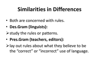 Similarities in Differences
• Both are concerned with rules.
• Des.Gram (linguists):
study the rules or patterns.
• Pres.Gram (teachers, editors):
lay out rules about what they believe to be
the “correct” or “incorrect” use of language.
 
